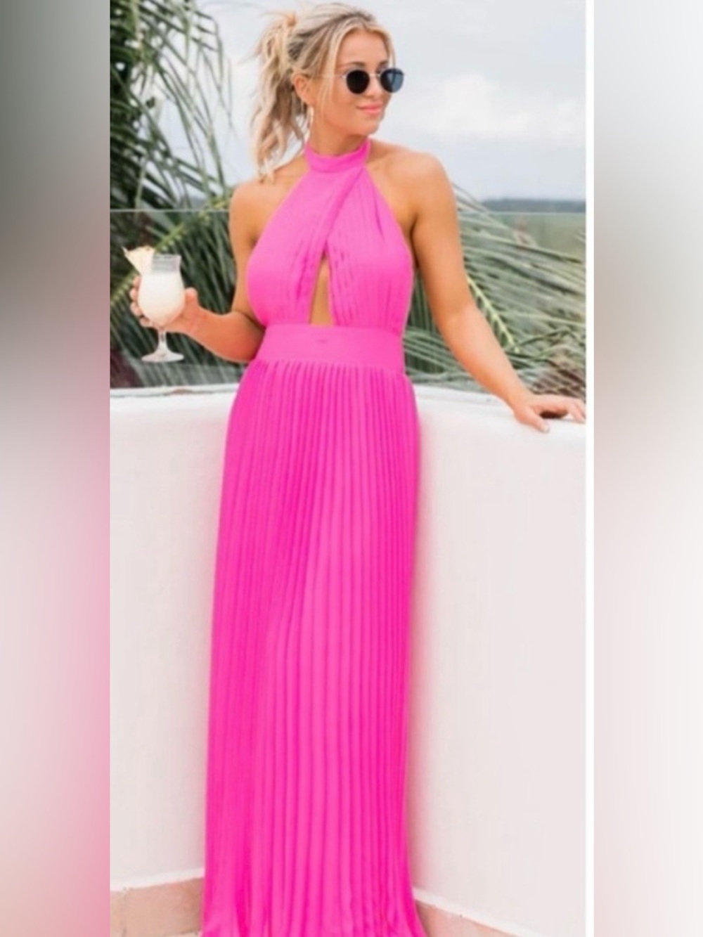 Pink Lily Bright Hot Pink Halter Pleated Maxi Dress